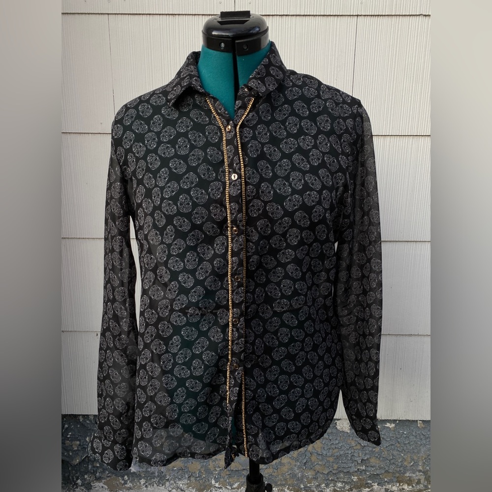 Zara sheer button down top with skull designs - perfect for Halloween season!